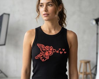 Camiseta sin mangas estilo racerback Cupid / Camiseta sin mangas estilo racerback romántica y moderna en rojo y negro
