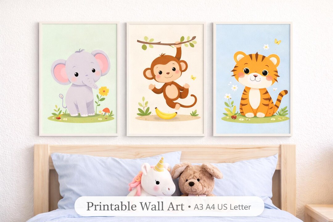 Cute Animal Nursery Wall Art Set of 3 | Elephant Monkey Tiger Prints ...