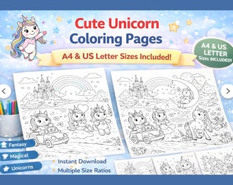 30 Unicorn Coloring Pages for Kids | Cute Unicorn Coloring Book | Printable PDF A4 & US Letter | Instant Download