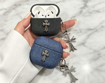 Denim Texture Leather AirPods Case, Hard Shell Gothic Cross Cover with Keychain, Aesthetic Case for AirPods Pro 3/2/1 Gift For Her Him