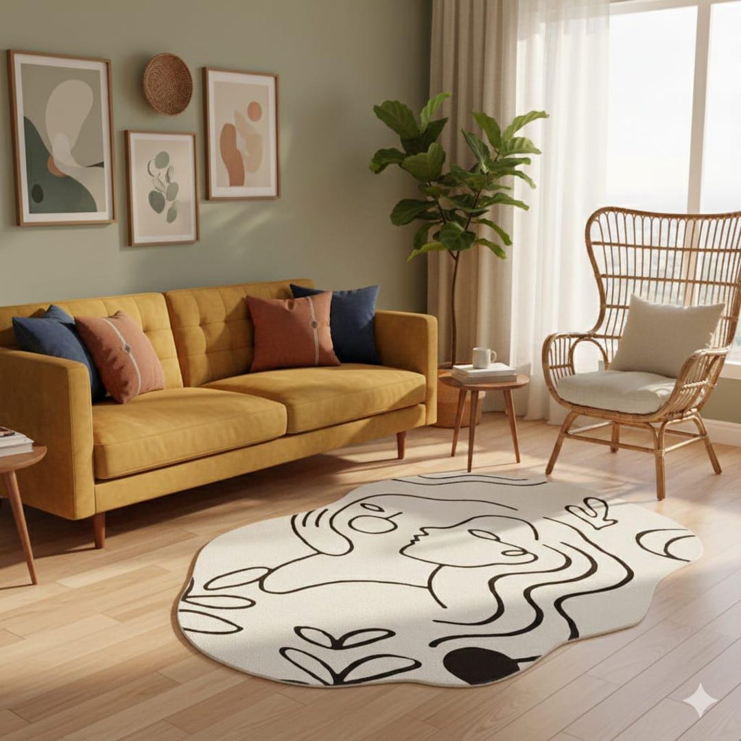 Simplistic Face Rug Hand-tufted Wool Rug – Abstract Face Line Art, Irregular Shape - Etsy