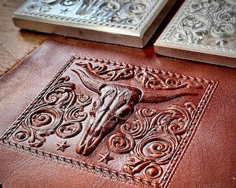 3D Western Bull Skull Leather Stamp Longhorn Scrollwork Brass Embossing Tool Professional Leathercraft Mold 70x85mm