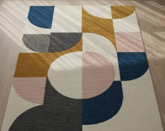 Boho Geometric Area Rug – Abstract Circles & Curves Modern Living Room Rug