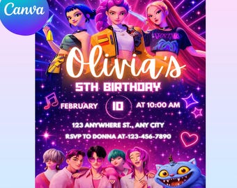 Invitación de cumpleaños editable/Fiesta temática de anime/Invitación de anime/Fiesta de cumpleaños/Invitación de cumpleaños para niños/Plantilla Canva/Invitación de demonio Kpop/Linda