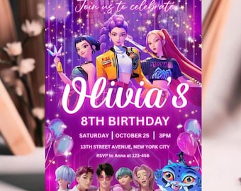 Faire-part d'anniversaire modifiable|Soirée à thème anime|Inviter un anime| Fête d'anniversaire| Faire-part d'anniversaire pour enfants| Modèle Canva|Invitation démon Kpop|Mignon