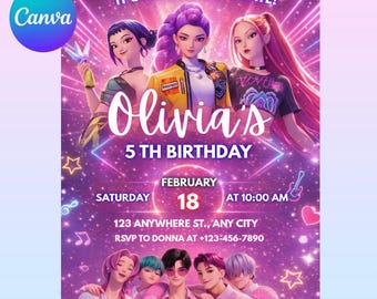 Invito di compleanno K-Pop Demon Hunters, invito per festa di compleanno Kpop Demon, invito stampabile per festa di compleanno per bambini, invito modificabile