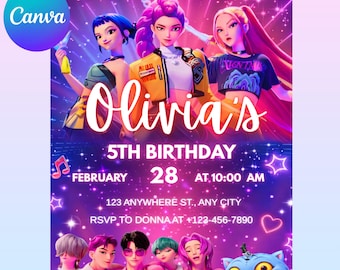 Invito di compleanno modificabile/Festa a tema anime/Invito anime/Festa di compleanno/Invito di compleanno per bambini/Modello Canva/Invito demone Kpop/Carino