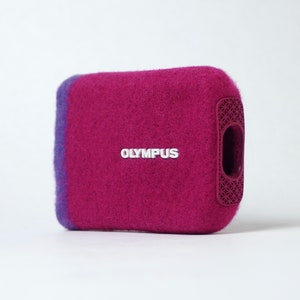 olympus digital camera case vintage retro wool felt moss design style japan y2k strap custom rare canon sony nikon purple pink magenta