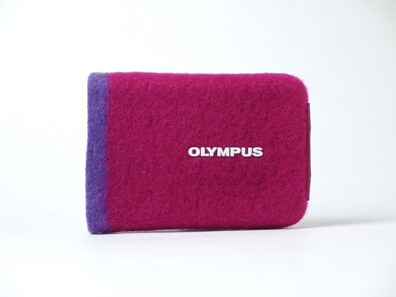 olympus digital camera case vintage retro wool felt moss design style japan y2k strap custom rare canon sony nikon purple pink magenta