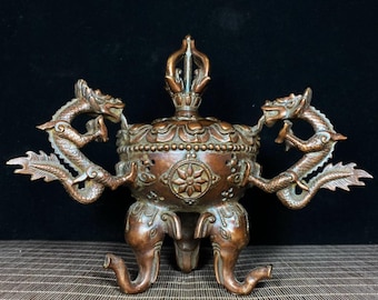 Solid Copper Nepalese Tibetan Incense Burner, Vajra Knob Double Dragon Ears Three Elephant Leg Antique Censer