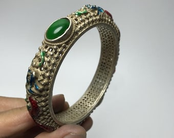 Vintage Chinese Silver-Tone Enamel Dragon Bangle with Green Cabochons, Ethnic Jewelry