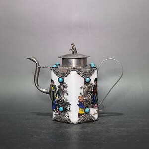Hexagonal Porcelain Wine Pot Wrapped Silver-Plated Copper with Turquoise Inlay and Ancient Beauty Figure Paintings