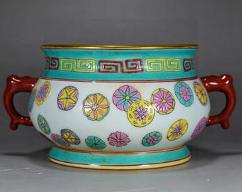 Enamel Gilded Porcelain Censer with Ball Flower Pattern, Double Ear Oriental Ceramic Incense Burner for Display & Antique Collection