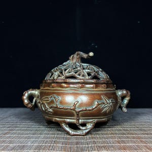 Solid Copper All Bamboo Pattern Incense Burner, Hollow Bamboo Knob Five Blessings Round Censer