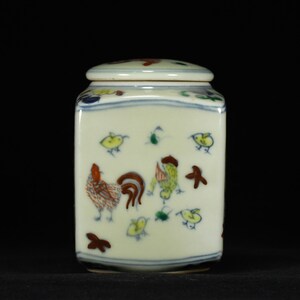 Jarra china Doucai con diseño de pollo, tetera antigua de porcelana con tapa, pintada a mano con motivo de gallo, caja de té oriental de buen augurio, 11 cm