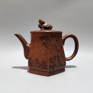 Antique Yixing Zisha Hexagonal Teapot, Golden Sand Clay with Lion Figure & Scholar Inscription, Oriental Tea Art Vessel
