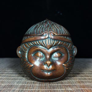 Solid Copper Monkey King Sun Wukong Head Incense Jar, Vintage Relief Monkey Face Storage Censer