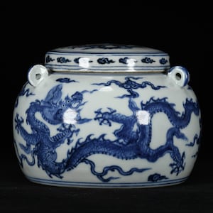 8.66" Vintage Blue and White Porcelain Lotus Leaf Lidded Jar With Multi-Window Crane & Auspicious Cloud Patterns