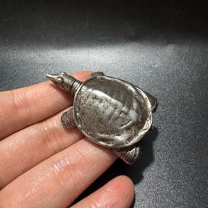 Może przedstawiać: Mała figurka żółwia z metalu w kolorze srebrnym, z teksturowaną, zwietrzałą skorupą i spiczastą głową. Żółw ma cztery widoczne płetwy i gładki, zaokrąglony karapaks, prezentujący metaliczne wykończenie z subtelnymi, ciemnymi akcentami patyny.