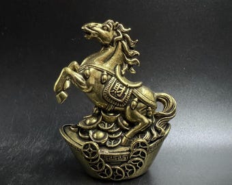Vintage Copper Zodiac Horse Mini Ornament, Yuanbao Wealth Desktop Statue