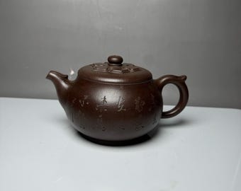 Tetera de bambú Breeze Zisha con grabado caligráfico, marca Gu Jingzhou, tetera de arcilla púrpura cruda de Yixing.