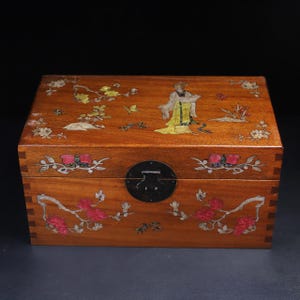 Caja de joyería antigua de 15,74" con incrustaciones de nácar y madera de palisandro, con motivo de figura de belleza oriental hecha a mano, cofre de almacenamiento antiguo.