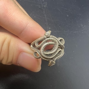 Pode incluir: Um anel de metal prateado com um design de serpente enrolada. O corpo da serpente envolve o centro para formar a banda, com duas cabeças de serpente distintas voltadas para fora, exibindo texturas de escamas detalhadas em toda a peça.