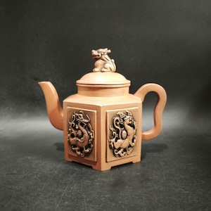 Hand‑made Hollow‑out Square Yixing Zisha Teapot With Four Divine Beasts Statue Knob, Grey Duan Clay 400ml Kungfu Tea Collectible