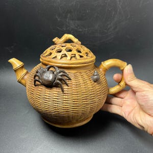Antique Yixing Zisha Dragon Egg Bamboo Weaving Teapot, Large Openwork Lid with Crab & Snail, Oriental Ceramic Sculpture
