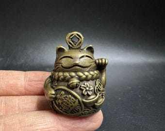 Solid Brass Maneki-neko Bell Pendant, Lucky Cat Charm, Wealth Inscription, Feng Shui Talisman