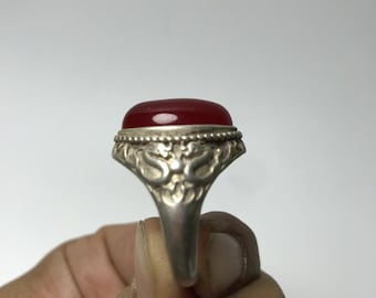 Vintage Chinese silver-plated Adjustable Ring with Red Cabochon & Dragon Motifs | Ethnic Statement Jewelry