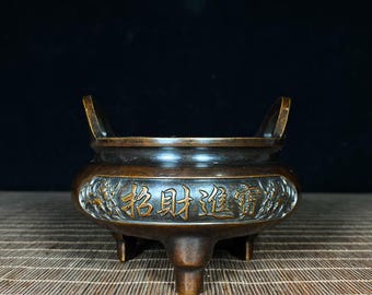 3,8" puur koperen driepoot wierookbrander met gesneden 'Zhao Cai Jin Bao'-personages en brugoren