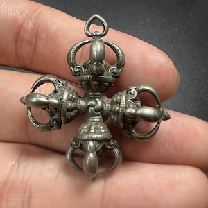 Vintage Handcrafted Pure copper Cross Vajra (Double Dorje) Pendant, Traditional Tibetan Buddhist Ritual Amulet