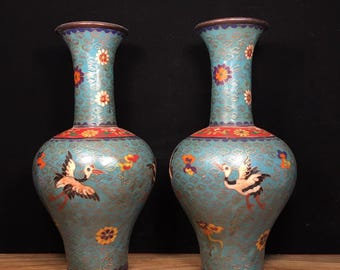 9.64" Pair of Cloisonne Vases | Turquoise Enamel Crane Vases | Chinese Feng Shui Longevity Decor | Vintage Floral Altar Ornaments