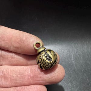 Puede incluir: Un peque&ntilde;o dije redondo de lat&oacute;n de estilo antiguo con un relieve detallado de un pez con escamas texturizadas. El dije tiene una argolla prominente en la parte superior para colgarlo, con un acabado met&aacute;lico dorado envejecido y oscuro.