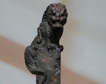 Estátua vintage de bronze de uma besta aquática, estatueta de guardião mitológico chinês, escultura antiga de cobre de 20 cm, decoração de mesa Feng Shui.