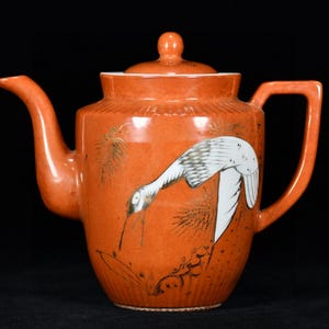 6.69" Vintage Coral Red Gilded Multi-Color Pine Crane Longevity Porcelain Lidded Ewer