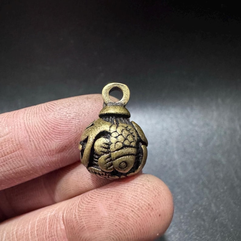 Puede incluir: Un peque&ntilde;o dije redondo de lat&oacute;n con tono antiguo que presenta un dise&ntilde;o en relieve de un pez con escamas y aletas visibles. El dije tiene un lazo circular liso en la parte superior y un acabado de p&aacute;tina oscura sobre la superficie.