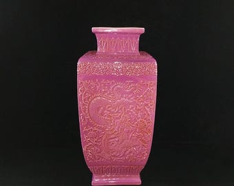 Vintage Chinese Purple Glazed Vase, Handcrafted Relief Dragon Phoenix Design, Square Porcelain Vase, Traditional Asian Decorative Art