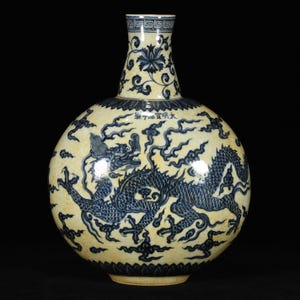 12.20" Vintage Ming Xuande Mark Blue and White Porcelain Flat Moon Flask With Dragon and Cloud Patterns