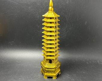 Vintage Gilt Brass Wenchang Pagoda, 11 Tier Chinese Copper Tower Statue, Feng Shui Academic Success Sculpture, Office Desk Decor