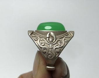 Vintage Miao Silver-Tone Ring with Green Cabochon, Adjustable Ethnic Jewelry