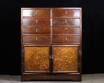26.77" Vintage Rosewood Cabinet Inlaid Golden Camphor Burl, Chinese 8-Drawer Storage Chest with Double Doors,Wooden Curio Display Cabinet