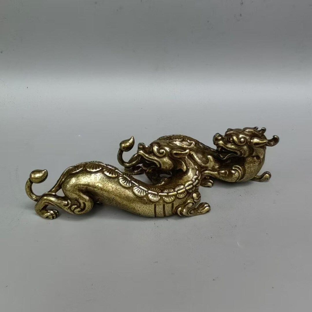 Vintage Brass Pixiu Figurine Pair – Chinese Feng Shui Wealth Ornament ...