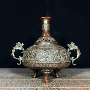 May include: A bronze-toned metal incense burner featuring a rounded body with intricate relief carvings of mythical creatures and geometric patterns. It has two ornate side handles, a narrow neck, a lattice-style lid, and three sturdy feet.