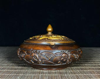 Solid Copper Gilded Censer & Ashtray, Relief Carp Lotus Wave Pattern Incense Burner With Lid
