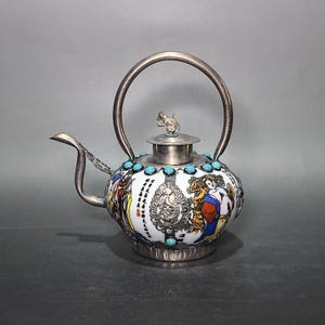 White Porcelain Eight Immortals Pattern Wine Kettle Wrapped Silver-Plated Copper with Inlaid Turquoise Gemstones