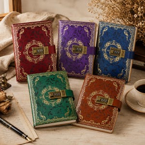 May include: Five rectangular journals with combination locks, each featuring a gold-embossed floral pattern on the cover. The journals are available in red, purple, blue, green, and brown, with a central circular design and a metal locking mechanism.