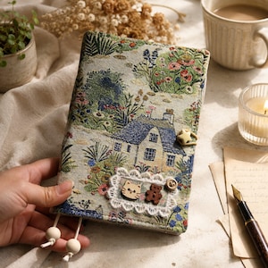 Op de afbeelding: Een met stof bekleed notitieboek met een geweven landschapsscène met een huisje, bloemen en groen. De kaft is versierd met een witte kanten patch, een houten knoop in de vorm van een kat, een knoop in de vorm van een beer en een stervormige bedel.