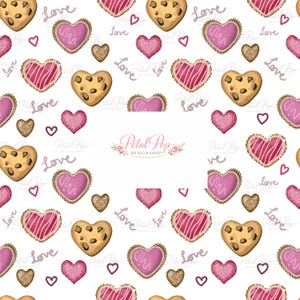 Op de afbeelding: Een herhalend patroon van elementen met Valentijnsdagthema op een witte achtergrond. Het ontwerp bevat roze en gouden glitterharten, hartvormige koekjes en het woord "Love" in een handschrift. Kleine hartjes en het logo "Petal Pop Designshop" zijn ook aanwezig.